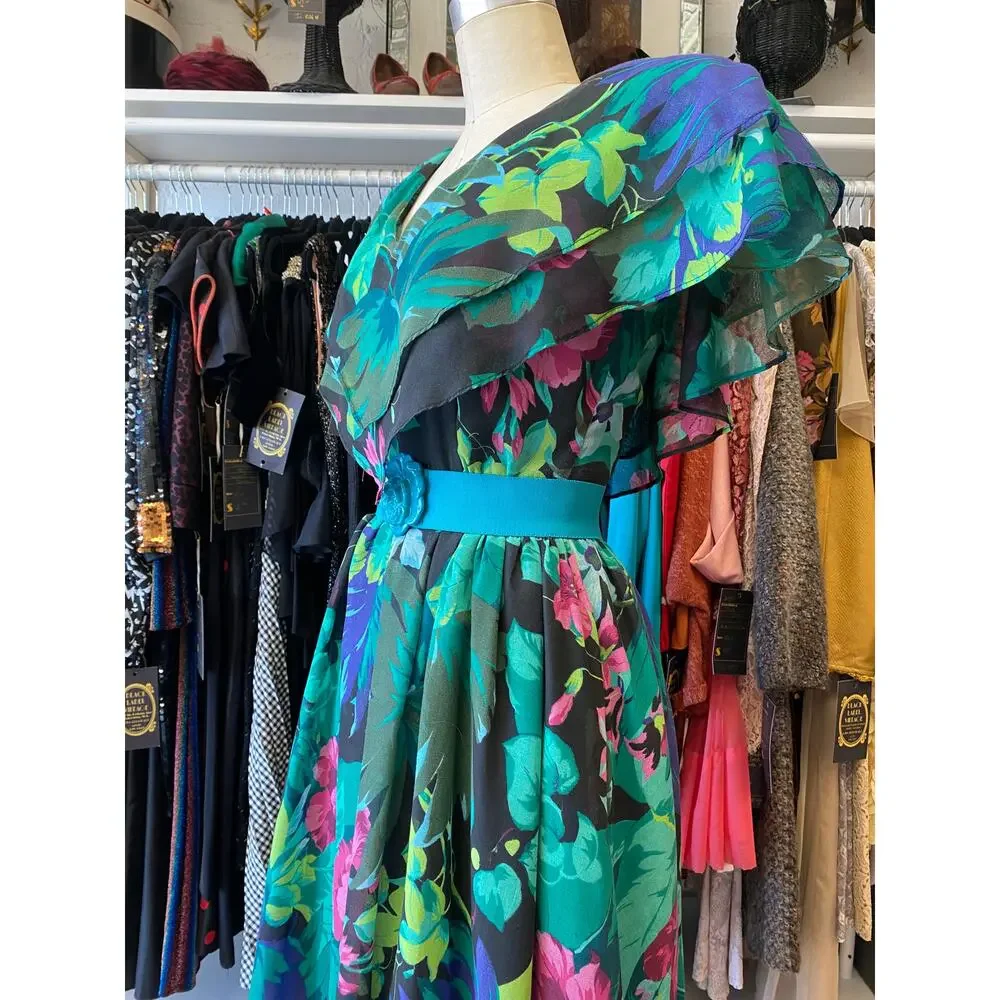 vintage 1980s black floral fit and flare dress, shawl flutter sleeves full skirt - Picture 7 of 10